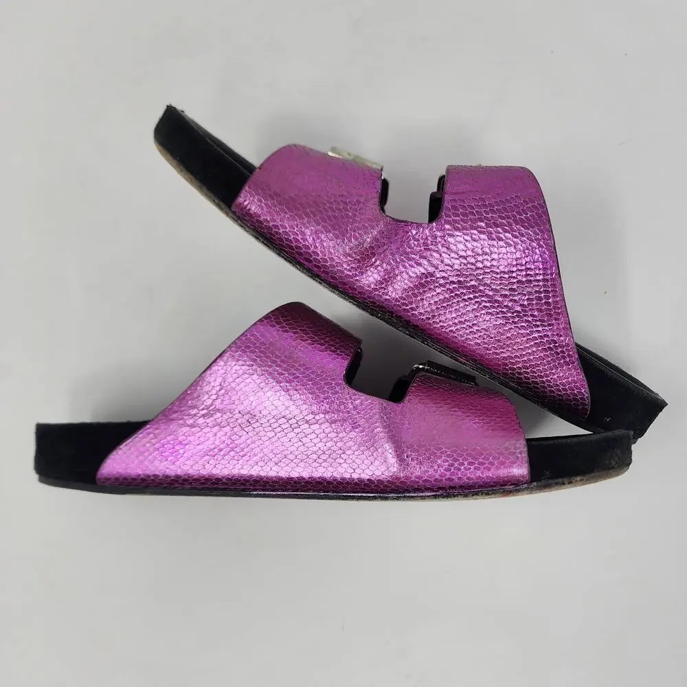 Isabel Marant Lennyo Slide Sandal Women 6 Fuchsia Pink Metallic Snakeskin Buckle